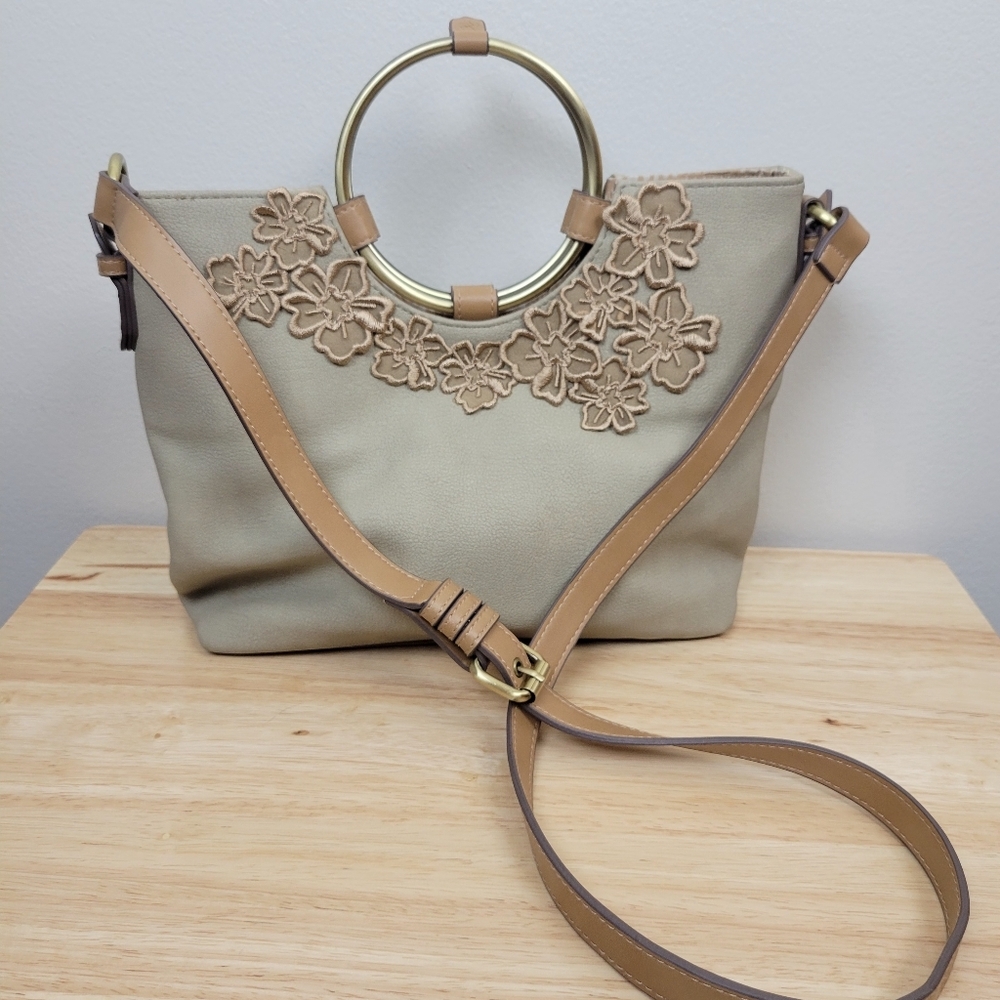 Elle Jae Gypset Painted Desert Ring Satchel in Dust Mesh Flower Detail Vegan